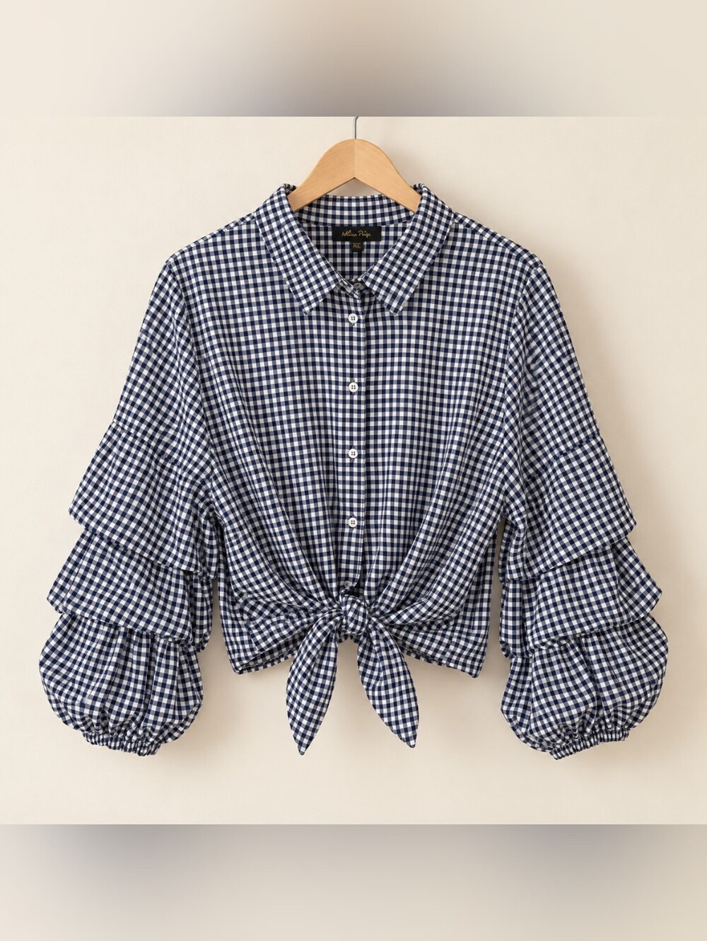 Unknown Brand Navy & White Gingham Button-Up Shirt With Tufted Sleeves. XL